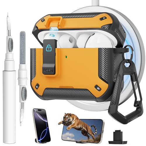 Image of for AirPods Pro 3 Case with Magnetic Lock and Phone Stand, Compatible with Magsafe Charging,with Carabiner&Cleaner kit for Apple iPod Pro 3rd Generation Cover(2025) Men Women (Yellow)