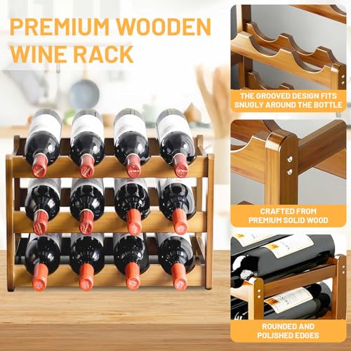 Wooden Wine Rack 12 Bottles Wine Storage Holder 3 Tier Free Standing Retro Wine Display Shelf Wine Bottle Organiser Water Bottle Holder for Cabine Cupboard Countertop Kitchen Bar Cellar - Image 4