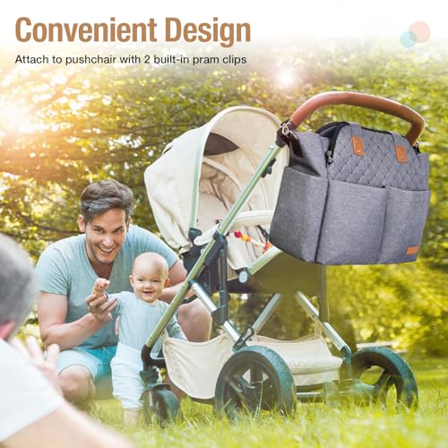 Lekebaby Baby Wickeltasche mit Wickelunterlage, 19 Taschen, Diaper Bag Bote Groß Reisewindeltasche für Mama und Papa, Multifunktions Babytasche für Reise, Grau Gesteppt