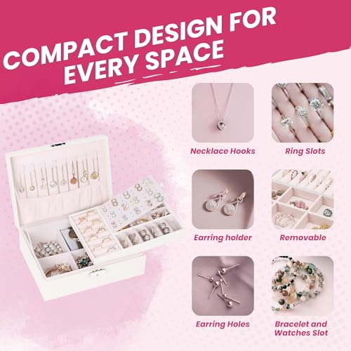 Image of OCEANEVO Jewellery Organiser Box WITH Makeup Sponge, Jwell Organizer Storage Box with Lock, Earrings, Necklace Organizer for Women - 23 x 17 x 8.5 Cm - White - 1 Year Warranty