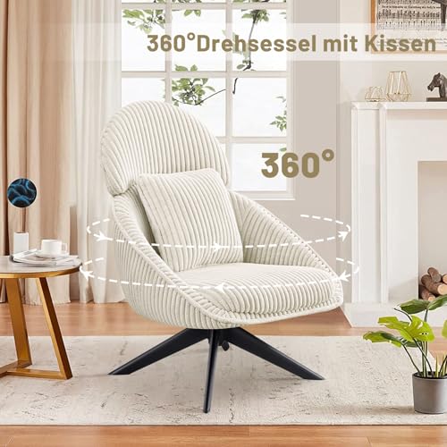 Ckaff Loungesessel Sessel Wohnzimmer 360°Drehbar, Ohrensessel Armlehnstuhl Polsterstuhl mit dickem Abnehmbares Wurfkissen, Relaxsessel Lesesessel für Wohnzimmer Schlafzimmer Büro, Beige
