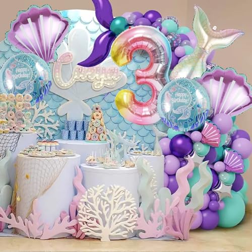 Image of Mermaid Birthday Decorations Mermaid Balloons - Number 3 Balloons for Girls Under The Sea Mermaid Theme Baby Shower Birthday Favors