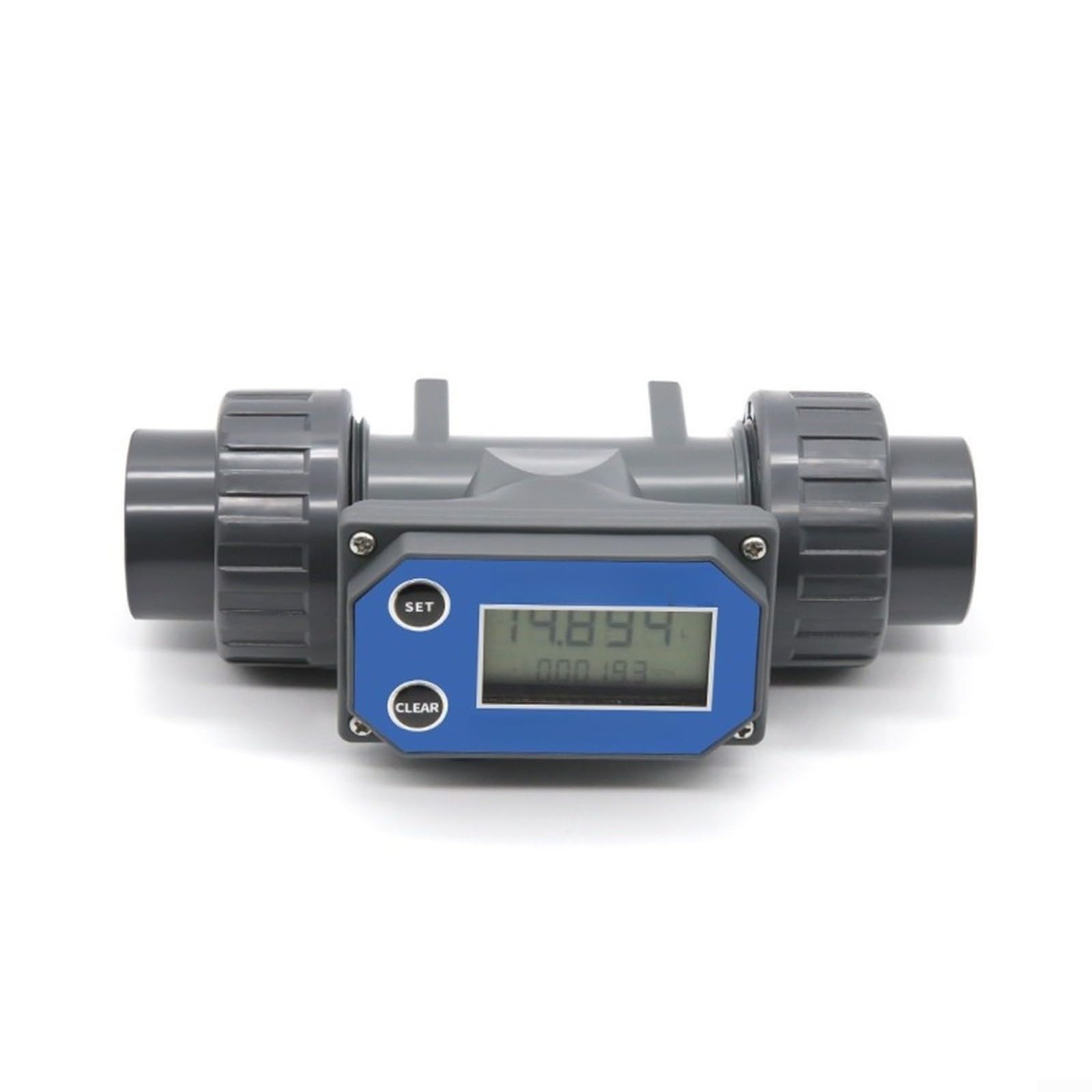 Medidor de agua digital DN25 con pantalla LCD, sensor de flujo 20 – 280 l/min para riego, instalaciones industriales y estanques de peces, medidor de turbina de PVC gris (para batería)