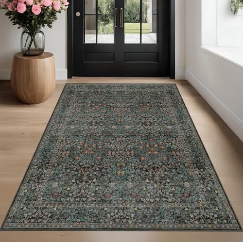 Image of Dark Green Floral Living Room Rug 5x7 Area Rug - Vintage Forest Washable Mat for Dining Room, Bedroom, Low Pile Non Slip Stain Resistance Distressed Retro Indoor Boho Carpet (5x7 Dark Green)