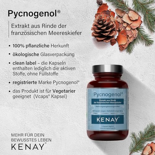 Pycnogenol - Extrakt aus Rinde der französischen Seekiefer - 100mg pro Tagesdosis - pflanzliche Kapsel - Vegan - Ohne Magnesiumstearat - 60 Kapseln vegan KENAY EUROPE PREMIUM PRODUKT