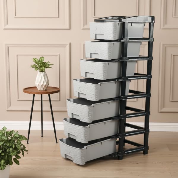 Image of Plastic Modular Drawer Storage Chest Of Drawers Organizer Storage Box, Large Stomo Racks For Multipurpose Anti-slip Shoes Organizers (Grey, 7 Layer)