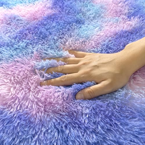 Rugs for Living Room 9x12, Soft Shaggy Modern Large Shag Area Rug for Bedroom, Upgrade Non-Slip Plush Fluffy Carpet for Kids Boys Girls Room Home Decor Aesthetic, Rainbow Purple