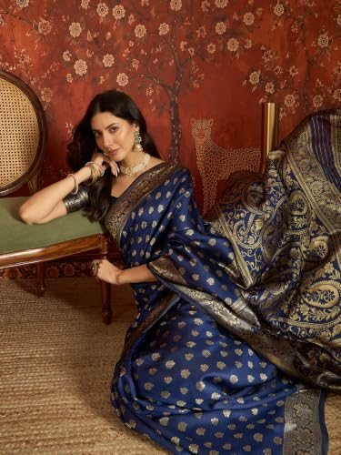 Image of Elegant Banarasi Silk Blend Saree with Gold Zari Woven Floral Border