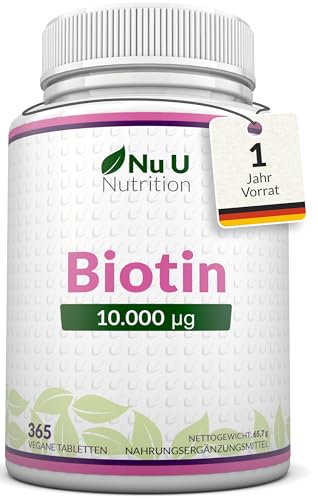 Produktfoto von Biotin hochdosiert 10.000 mcg - 365 Vegane Tabletten - Für Haarwuchs, Haut & Nägel - Volle Jahresversorgung -…