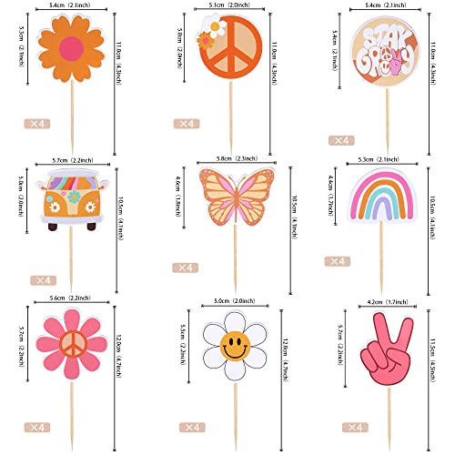 36 Pcs Hippie Party Cupcake Toppers Peace Sign Hand Butterfly Two Groovy Cupcake Picks Dasiy Flower Bus 60S Retro Boho Cake Decorations For Hippie Two Groovy Carnival Theme 2Nd Birthday Party Supplies #TOP1