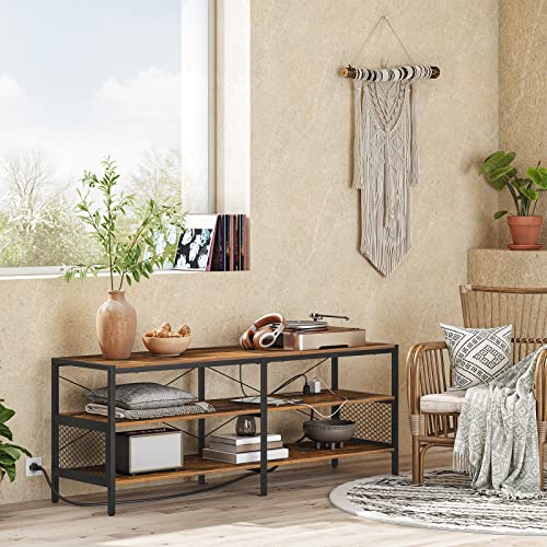 Hoobro Tv Stand With Charging Station For Tvs Up To 65", 3-Tier Media Tv Console Table With Open Storage Shelves, Industrial Tv Entertainment Center For Living Room, Bedroom, Rustic Brown Bf142Ds01 #TOP3