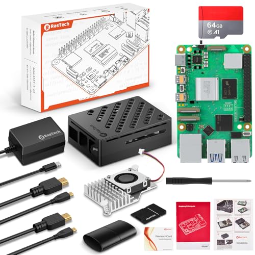 RasTech Raspberry Pi 5 8GB Kit 64GB Edition con Active Cooler, alimentazione USB-C da 27W 5.1V5A,...