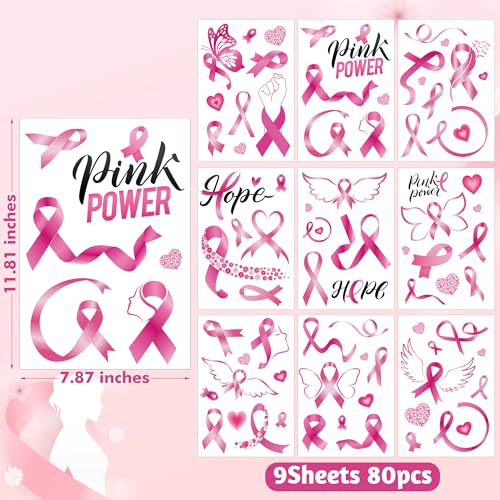 Image of 9 Sheets Breast Cancer Awareness Window Clings, 79 Kinds of Pink Window PVC Stickers for Pink Ribbon Decorations, Hope Fight Cancer Theme Windows Decals for Glass Home Decor Supplies