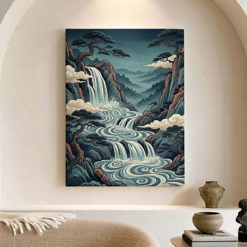 Lienzo de estilo asiático con diseño de montaña y cascada en azul y gris