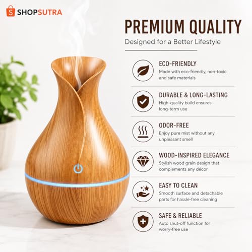 Image of Aroma Diffuser with LED Light - USB Powered Tabletop Mist Humidifier for Desk and Bedside Use (Wood Aroma Diffuser)