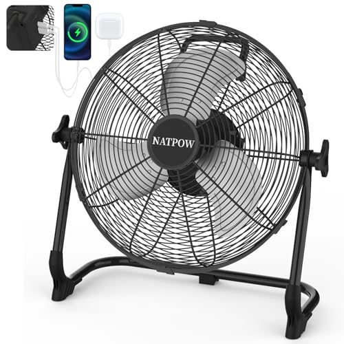 NATPOW Rechargeable Ventilateur de Sol pour Intérieur et Extérieur, 30 cm Brasseur d'air avec Type C et USB, 15W Ventilateur, Adaptateur 1,5 m Inclus,...