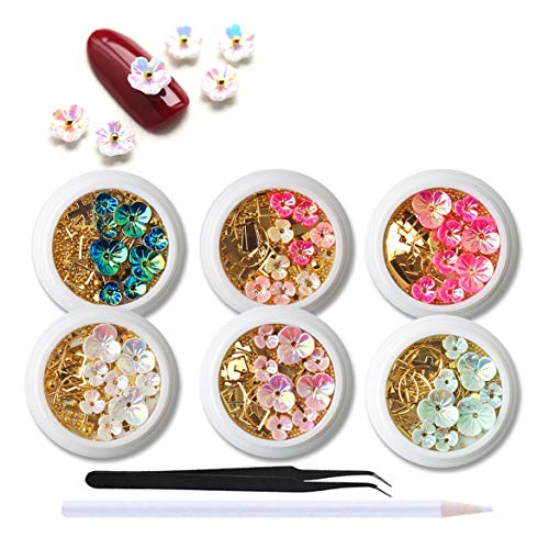 WOKOTO 6 Boxes 3D Nail Art Decoration Set Laser Mermaid Color Shell Flower Gold Nail Studs Manicure Jewelry With 1Pc Tweezers And Picker Pencil