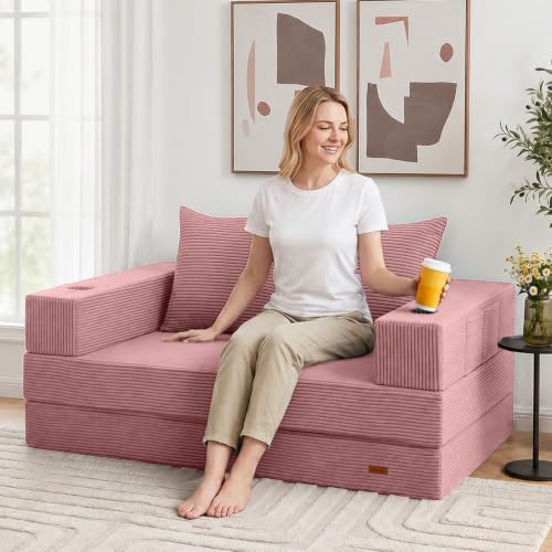 Image of COMAX Boneless Futon Sofa Bed, 59 inch Small Low-Profile Floor Couch, Pink