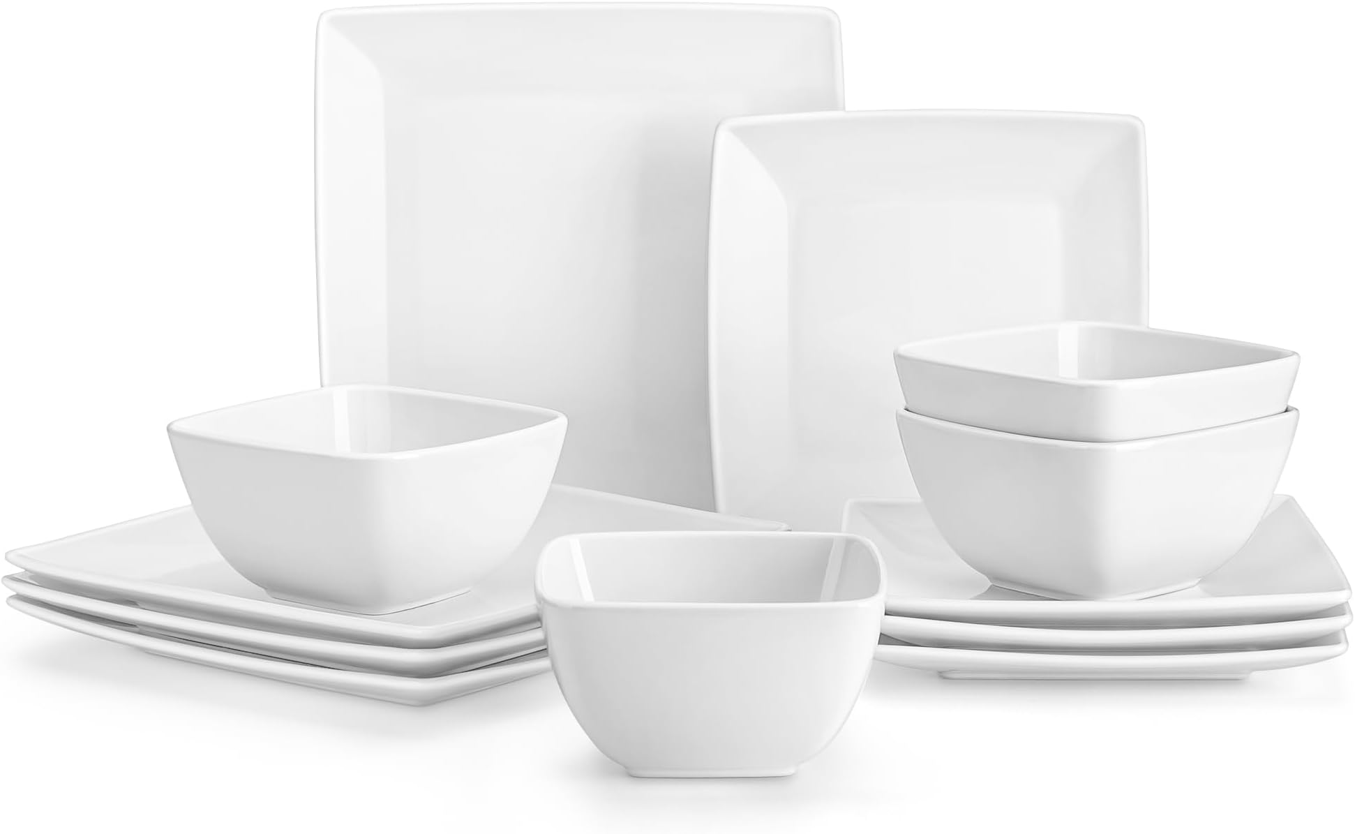 Soho Dinnerware Sets 12 Pieces, White Stoneware Square Place Setting, Dinner Plate, Dessert Plate, Bowls Service for 4