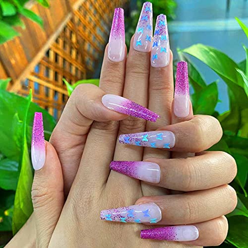 Outyua Ombre Butterfly Extra Long Designer False Nails Coffin Glossy Purple Fake Nails Bling Acrylic Super Long Press on Nails with Design Full Cover Artificial Nail for Women 24pcs - Thumbnail 4