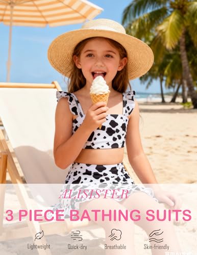 Image of ALISISTER Girls Swimsuit 3 Piece Bathing Suits Summer Bikini Tankini Sets with Cover Up Skirt for 4-12 Years