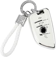 Vista 29 de PIFOOG Funda para llavero de TPU con cadena de llaves brillante, fundas de protección de botones para llaves de entrada sin llave, blanco plateado