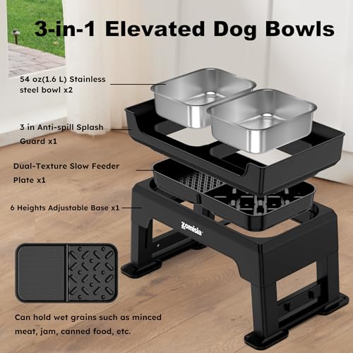 ZOMISIA 3-in-1 Elevated Dog Bowls - 6 Height Adjustable Raised Dog Bowl Stand, Double Deck Design Mess Proof, Feeding Station with 2 Stainless Steel Bowls & Licking Plate for Small Medium Large Pets by ZOMISIA - Image 8