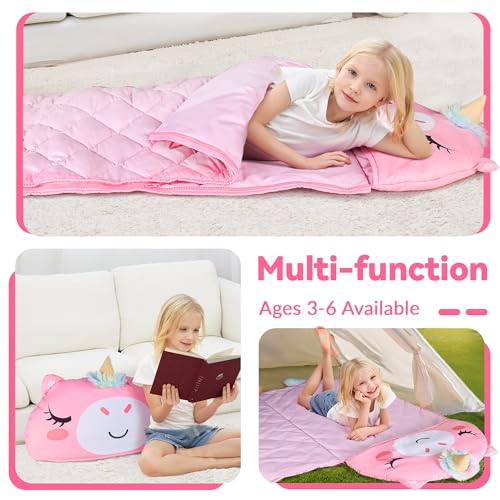 iplay ilearn kid sleeping bag unicorn slumber sack toddler girl nap mat 2 in 1 pink animal cushion blanket happy travel sleepover daycare preschool birthday gift for 3 4 5 6 year old child