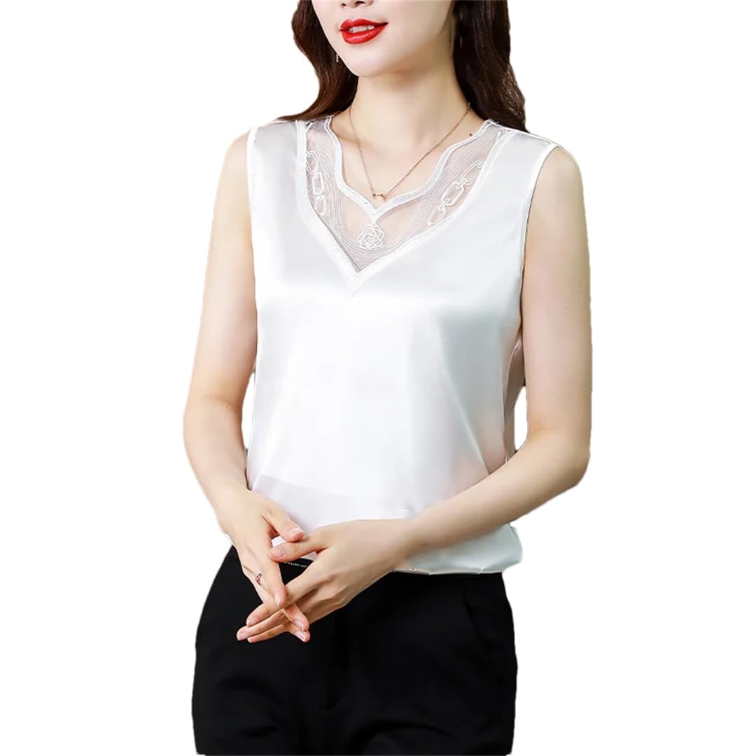 Camicette da donna in seta con pizzo floreale senza maniche allentate top casual
