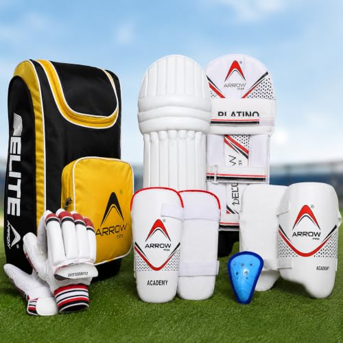 ARROWMAX Cricket Kit with Cricket Bag, Batting Pads, Batting Gloves, Thigh Guard, Elbow Guard & Abdominal Guard | Complete Cricket Protective Gear Set for Practice & Matches (Medium (9-14 Years))