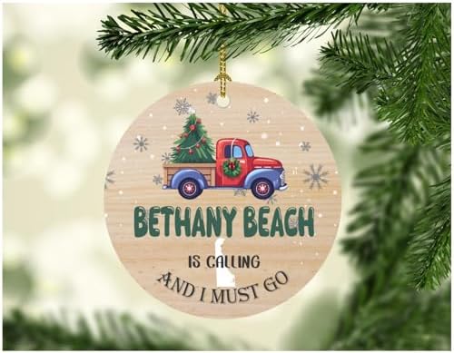 Christmas Ornament 2026 for Bethany Beach Delaware City Name Decoration Bethany Beach DE is Calling and I Must Go Ornament Vintage Red Truck Xmas Tree Souvenir 3" White image 2