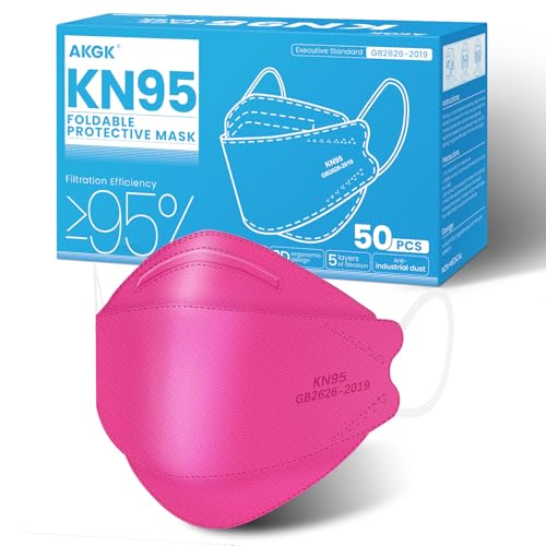 akgk KN95 Face Masks 50 Pack, 5-Ply Disposable Hot Pink Face Mask Against PM 2.5 Smoke and Dust