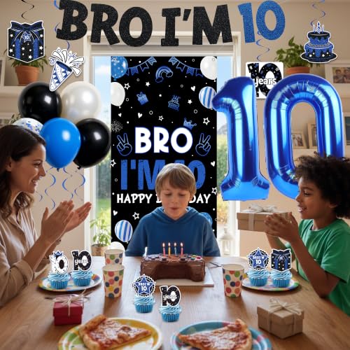 10th Birthday Decorations for Boy, Blue Black Bro I'm 10 Glitter Banner Decor, Double Digits 10 Year Old Birthday Party Supplies Set with Balloons, Hanging Swirls, Door Cover, Cake Toppers by ChenjunCo - Used condition - Image 7