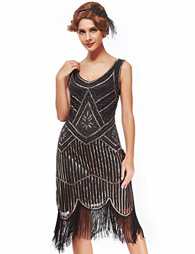 xs-XXL Women's Roaring 20s V-Neck Gatsby Dresses- Vintage Inpired Sequin Beaded Flapper Dresses (XS, Light Gold)