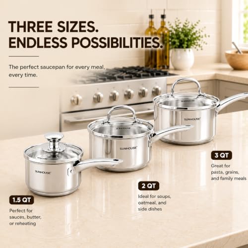 Image of SUNHOUSE 3-Piece Stainless Steel Saucepan Set with Lids 1.5QT & 2QT & 3QT