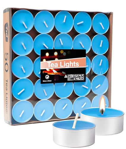 Artisoul 50 Teelichter 4 Stunden, Unbeduftete Paraffin Teelichter, Sauber Brennende Kerzen für Hochzeit, Weihnachten Männerparty Baby Shower Junge Geburtstag Gastronomie & Zuhause Deko, Blau