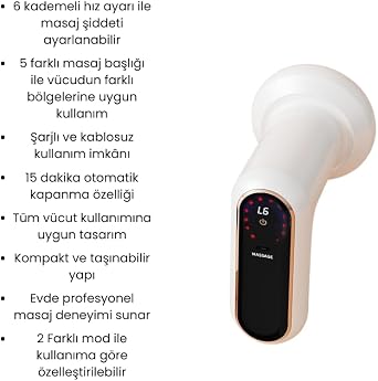 Titreşimli & Darbeli 6 Kademeli 2 Modlu 2D Masaj Aleti, 5 Değiştirilebilir Başlık, Şarjlı ve Kablosuz, Tüm Vücut