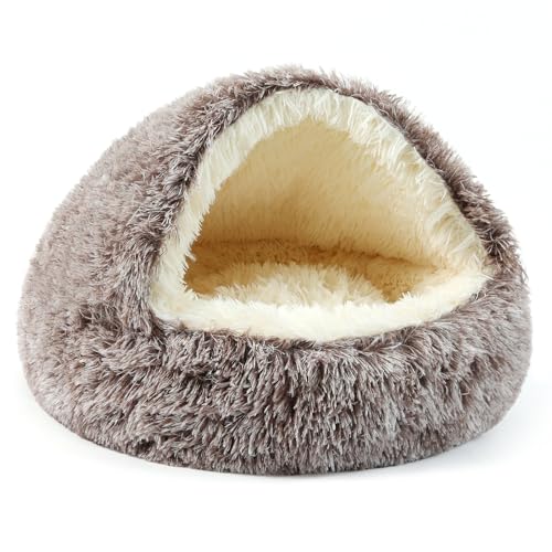 Belababy Calming Dog Bed, Fluffy Dog Cave Bed Small Medium with Upgraded Support Hood, Non-Slip Warm Donut Cat Beds for Indoor Cats (40CM, Gradient Brown)