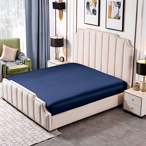 THXSILK 25 Momme Seide Spannbettlaken bis 30cm Matratzenhöhe, 100% Maulbeerseide Bettwäsche Spannbetttuch, Seiden Bettlaken für Standardmatratze, 90x200+30cm, Marineblau