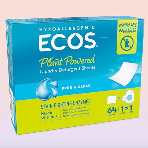 ECOS Laundry Detergent Sheets Vegan, No Plastic Jug, No Mess & Liquid Free - Laundry Sheets in Washer - Hypoallergenic, Plant Powered Laundry Detergent Sheets - Free and Clear - 64 Sheets (Pack of 1) - Thumbnail 2