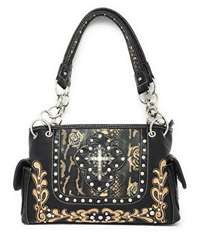 Premium Rhinestone Cross Concealed Carry Handbag Purse And Matching Wallet In Black Chf1047 (Black Handbag) #TOP1
