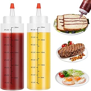 2Pcs Plastic Squeeze Bottles with Cap, 8 oz Transparent Condiment Bottles, Leakproof, BPA Free, Salad Dressing Bottles for Painting Baking Ketchup Sharp Sauce Olive Oil Sauce Bottle ( 250 ML)