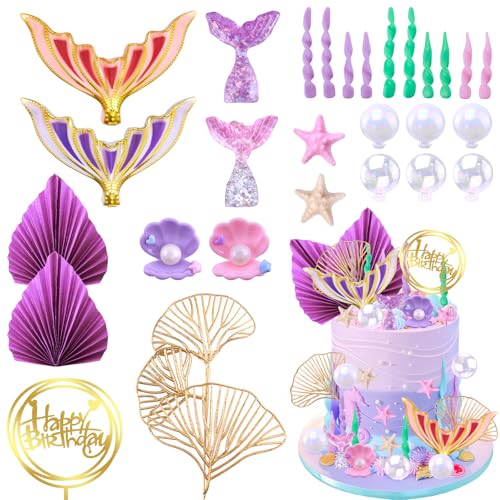 MEMOVAN Mermaid Cake Topper 32PCS Mermaid Tail Cake Decorations Under the Sea Cake Cupcake Toppers with Seaweed Bubbles Shells Starfish Golden Ginkgo Leaves for Birthday