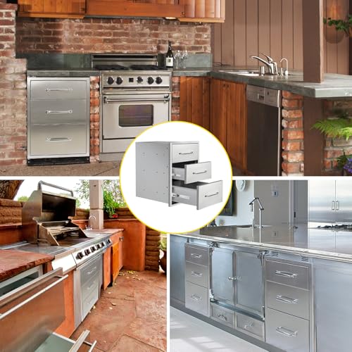 Image of Outdoor Kitchen Drawers 15.7 inch W x 21.6 inch H x 17.7 inch D Flush Mount Triple BBQ Drawers with Chrome Handle Stainless Steel Drawer for Outdoor Kitchen Island, Patio Grill Station