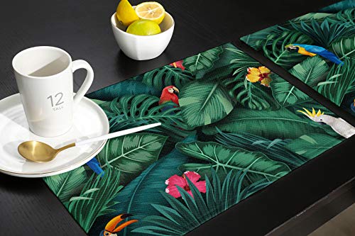 Palm Leaf Placemats For Dining Table Palm Leaves And Parrot Cotton Linen Table Mats Summer Tropical Plant Jungle Animal Birds Heat Resistant Non-Slip Washable Tablemats, Set Of 6 #TOP4