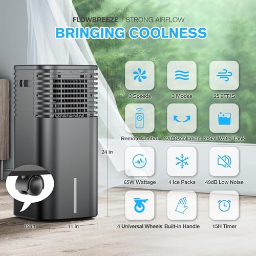 Windowless Portable Air Conditioner, 15H Timer & 120°Oscillation, 3-IN-1 Portable AC Unit with Remote, 2-Gal Tank, 3 Modes & 3 Speeds, Ultra-Quiet 24" Ventless Swamp Cooler for Room Home Office