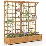 TANGZON Wooden Planter with Trellis, Freestanding Raised Garden Bed for Vine Climbing Plant Flower, Outdoor Elevated Trough Planter Support Box (with Hanging Roof,Orange, 180 x 48 x 183cm)