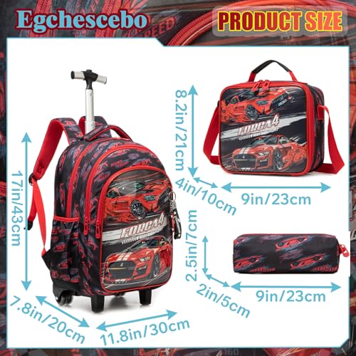 Egchescebo Kids Rolling Cars Backpack for Boys Trolley Suitcases Luggage Travel with Wheels Bookbag Wheeled 17" 3PCS Roller Backpacks Toddler Tote Bag Back Pack School Bags Set Elementary Red2