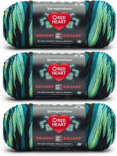 Image of Red Heart All in One Granny Square Black- Cyber Leaf Yarn - 250g /8.8oz - 100% Acrylic - #4 Worsted (Medium) - 381m /417Yards - for Knitting, Crochet and Amigurumi, 3 Count (Pack of 8)