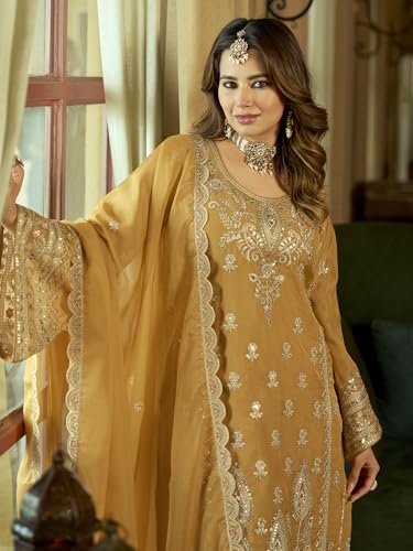 Image of INDO ERA Women's Organza Embroidered Sequinned Kurta & Pant with Dupatta Set | Women Kurta Sets With Dupatta Cotton